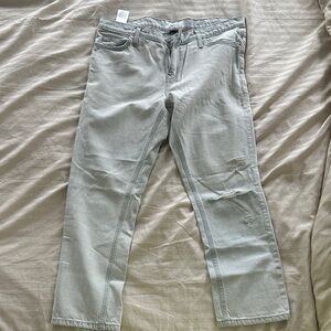 Current/Elliott Pale Gray Slim Straight Jeans with Distressed Knee